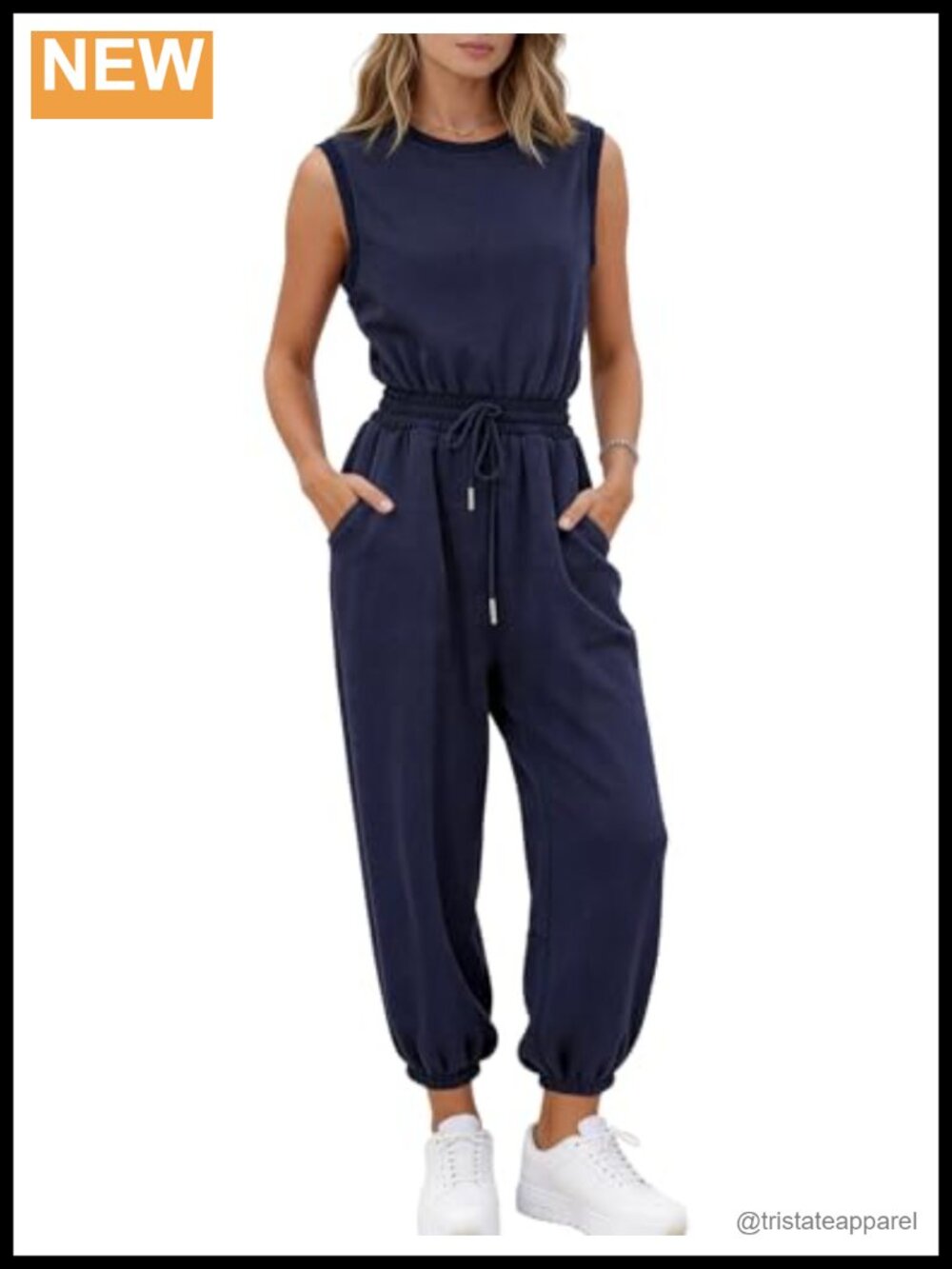 Sleeveless Romper with Pockets Cotton Blend High Waist Drawstring Jumpsuit